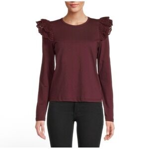 Joes Jeans Burgundy Long Sleeve Top Eyelet Ruffle Shoulders‎ Size Medium